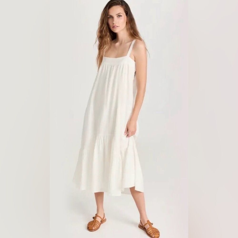 Jenni Kayne White Seersucker Summer Dress Midi Length Large
